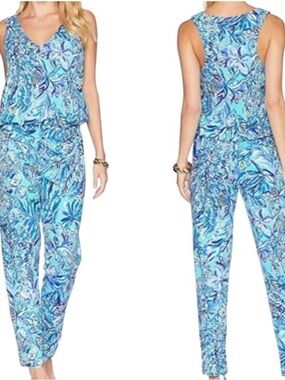 💙Lilly Pulitzer Paulina Sleeveless Indigo Sunset Blue Tropical Print Jumpsuit L